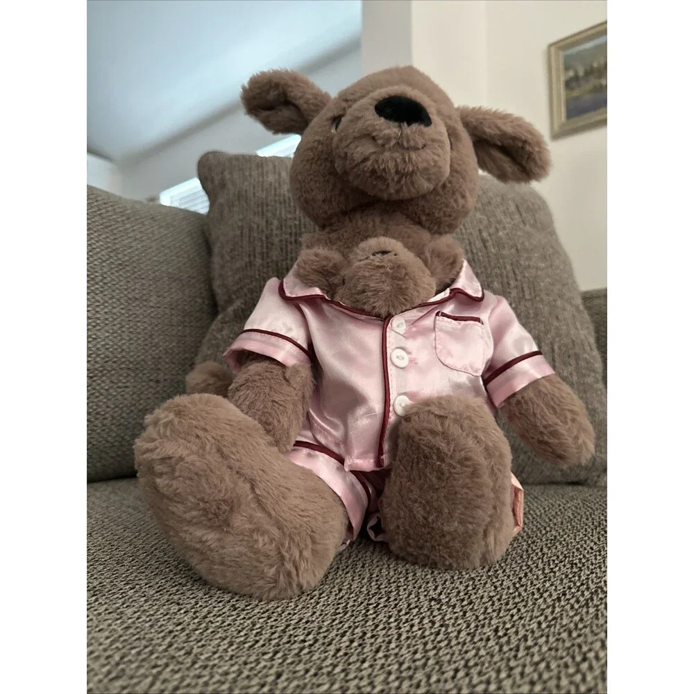 Plush Kangaroo Stuffed Animal Pink Satin Pajamas Holding Baby Joey Plush Toy